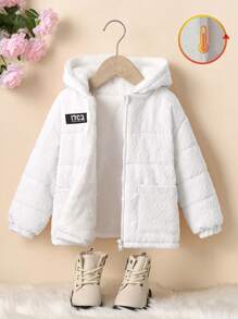 SHEIN 年轻女孩字母拉链前口袋连帽休闲棉服外套，冬季 - 白色 - 查看 1