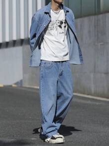 Manfinity EZcore 2件套加大码男士简约前扣长袖上衣和裤子套装，秋季款 - 中等水洗藍 - 查看 1