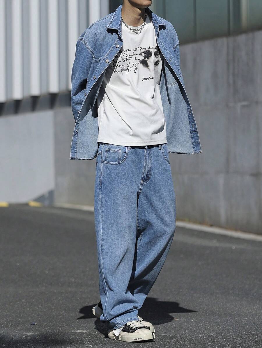 Manfinity EZcore 2件套加大码男士简约前扣长袖上衣和裤子套装，秋季款 - 中等水洗藍 - 查看 1