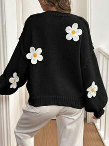 Chiquease 女士休闲日常宽松落肩花卉刺绣毛衣，秋冬