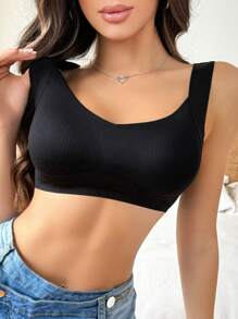 Women Plain Ribbed Casual Comfortable Bra - Black - View 6