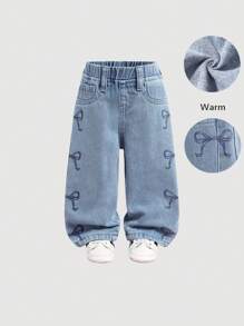 SHEIN 女婴可爱宽松直筒牛仔裤带蝴蝶结装饰，蓝色，女童秋冬装，羊毛加厚牛仔裤