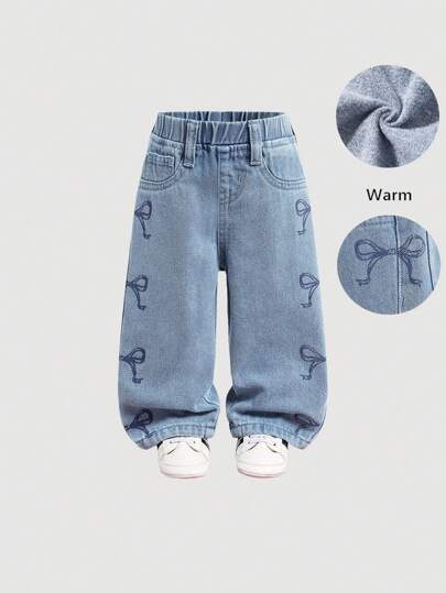 SHEIN 女婴可爱宽松直筒牛仔裤带蝴蝶结装饰，蓝色，女童秋冬装，羊毛加厚牛仔裤
