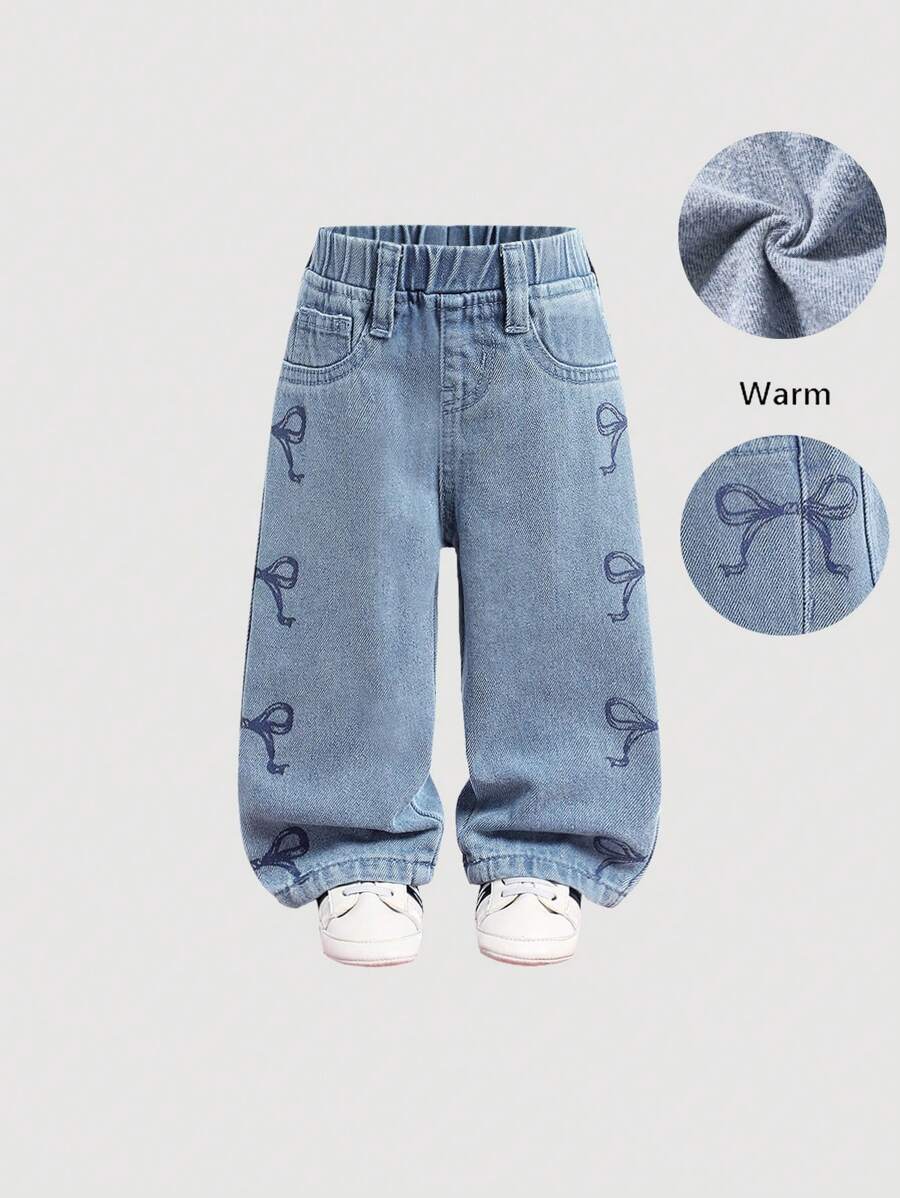 SHEIN 女婴可爱宽松直筒牛仔裤带蝴蝶结装饰，蓝色，女童秋冬装，羊毛加厚牛仔裤