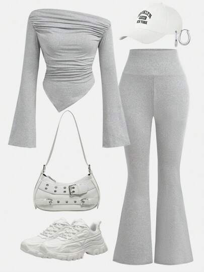 Girlism Conjunto de 2 piezas para adolescentes: Top de manga larga ajustado de punto con pliegues en gris y pantalones acampanados para usar en casa, al aire libre y como conjunto de viaje para el aeropuerto