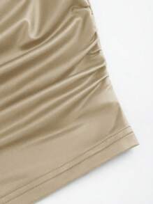 SHEIN Unity 2 件套摇领褶皱背心和直腿 PU 皮裤套装 - 卡其色 - 查看 3