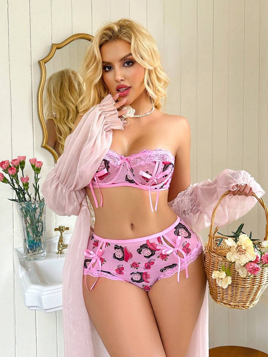 Spicy Aura Funny Print, Bow Decor, Hollow Out Bra + Panty Set, Sexy Lingerie 2Pcs Set For Women - Pink - View 1