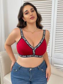 Plus Size Letter Pattern Wire-Free Bra, Sold In Single Item - Burgundy - View 3