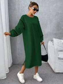 SHEIN LUNE Women's Autumn/Winter Floral Patched Trim Round Neck Loose Straight Casual Sweatshirt Dress