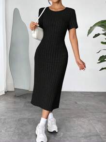 SHEIN EZwear Women's Solid Color Round Neck Short Sleeve Ribbed Casual Mini Dress