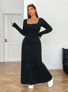 SHEIN EZwear Einfaches langes Kleid in Vollton mit langen Ärmeln in Große Größen, Lässig Alltagskleidung - Schwarz - Übersicht 3