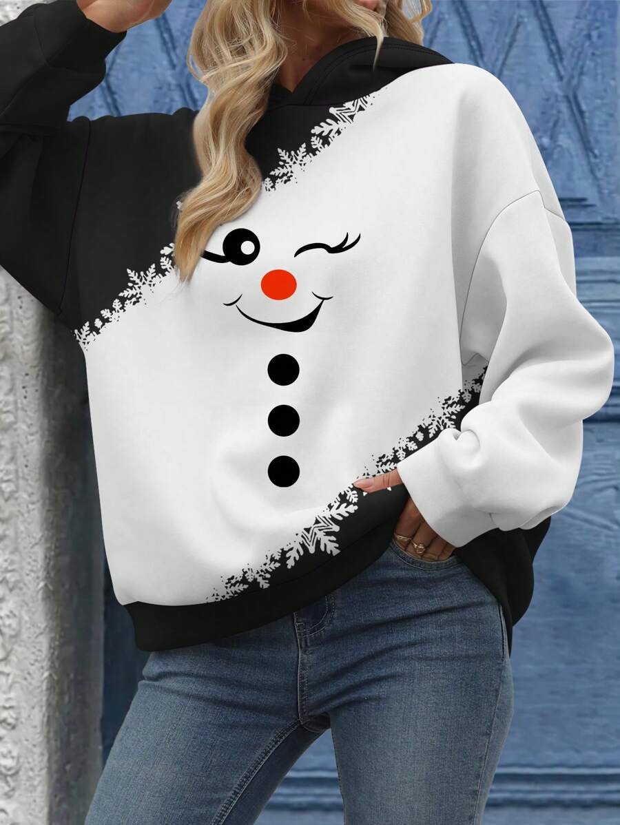 SHEIN LUNE 大码女式圣诞雪人雪花撞色数码印花休闲卫衣，秋冬款 - 彩色 - 查看 1