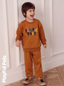 SHEIN 1 Pc Suitable Young Boys And Young Girls Sets Fun Letter Print 3D Embroidery Sweatshirt & Sweatpants Cute/Retro/Casual/Home/Outdoor Winter/Fall Outfits - Brown - View 4
