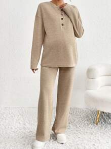 SHEIN 2pcs Maternity Set - Round Neck Long Sleeve Top And Long Pants - Khaki - View 3