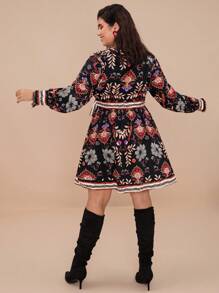 SHEIN VCAY Plus Size Front Tie Long Sleeve Printed Casual Mini Dress - Multicolor - View 2
