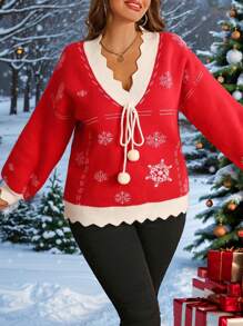 SHEIN LUNE Plus Size Women's Christmas V-Neck Drop Shoulder Snowflake Pattern Long Sleeve Loose Sweater, Autumn/Winter