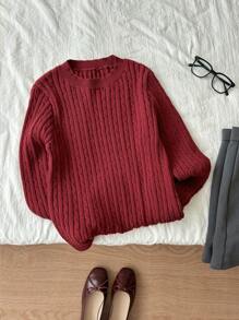 SHEIN Unity Encore Red Knitted Twist Cable Crew Neck Sweater, Autumn/Winter For New Year Clothes - Red - View 3