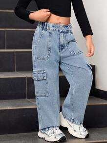 Quần Jeans Ống Thẳng Túi Hộp Tối Giản Thường Ngày Cho Bé Gái - Màu xanh lam - Xem 4