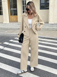 Serisse 女士纯色翻领长袖双排扣夹克和裤子两件套休闲套装，秋季 - 杏色 - 查看 5