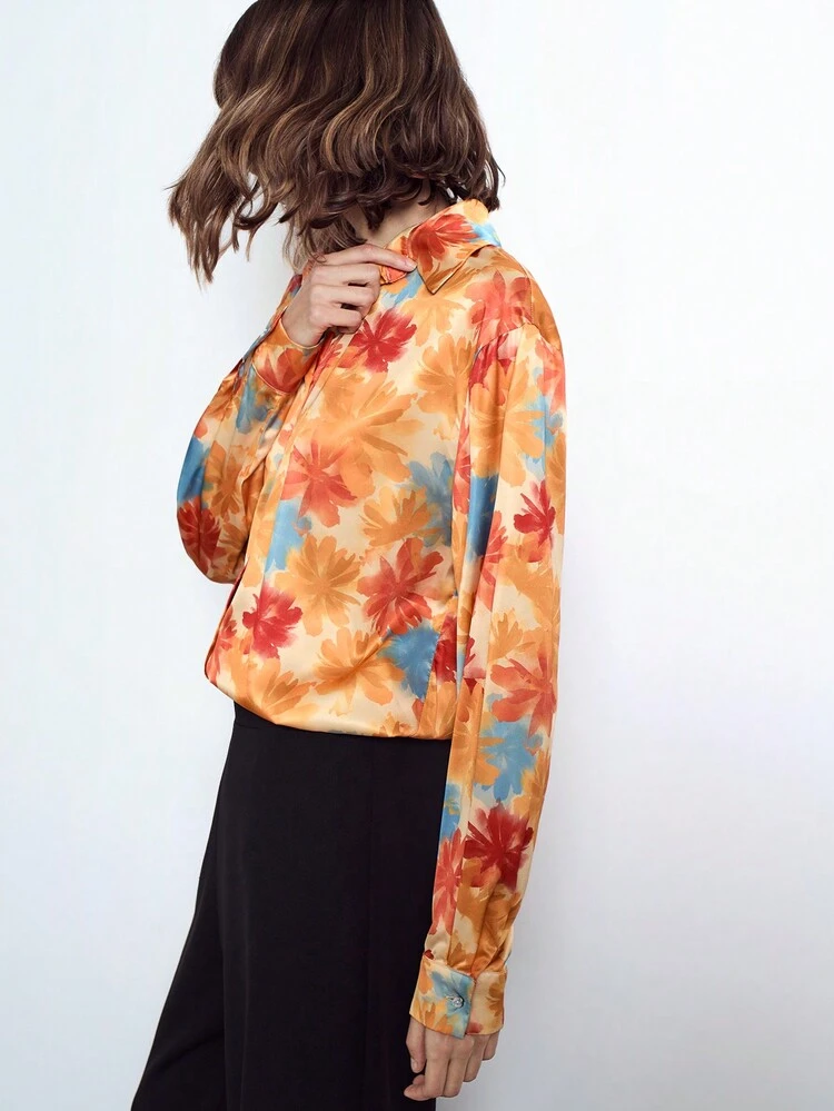 SHEIN Maija Women's Autumn/Winter Modern Minimalist Versatile Front-Button Floral All-Over Print Long Sleeve Shirt