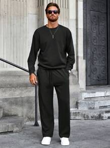 Manfinity RelaxMax 2 pièces Ensemble sweat-shirt et pantalon de jogging décontracté à col rond de couleur unie à manches longues pour homme, pour l'automne
