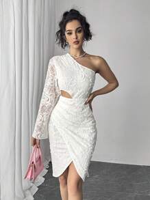 Chiquease Women Floral Jacquard Asymmetric Long Sleeve Cutout Pleated Fitted Elegant Dress Maxi Women Outfit