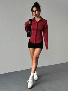 Flirla Casual Minimalist Ruched Striped Women Shirt