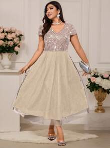 SHEIN Belle Plus Size Women's Sequined Mesh Insert Cap Sleeve Bodycon Dress Maxi Women Outfit