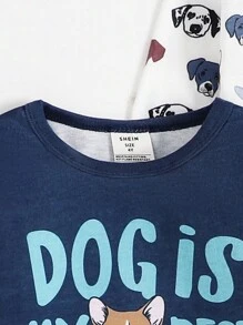 SHEIN 2pcs/Set Young Boy Casual Cartoon Dog Print Snug Fit Long Sleeve Pajamas - Multicolor - View 3