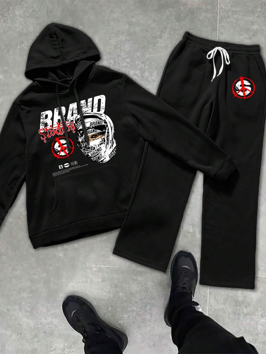 Manfinity EMRG Bộ 2 quần nỉ dài tay in chữ mùa thu cho nam và quần nỉ thường ngày - màu đen - Xem 1