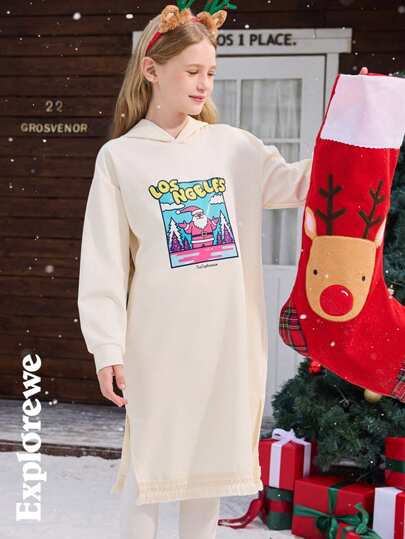 1pc Girls Christmas Pattern Hooded Long Sleeve Dress With Tassel Hem Design, Suitable For Outdoor/Leisure Vacations