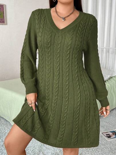 Vibekara Plus Size Fashion Puff Sleeve V-Neck Cable Knit Sweater Dress, Winter Fall Cloth For Women