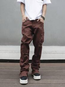 Manfinity EMRG Plus Size Men's Pocket Distressed Straight Leg Casual Jeans - Coffee Brown - View 7