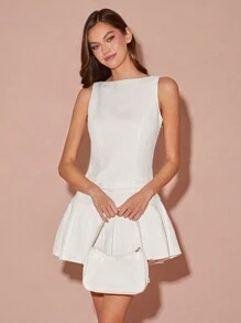 Enchnt Women Solid Color Round Neck Sleeveless Pleated Hem Casual Mini Dress - White - View 7