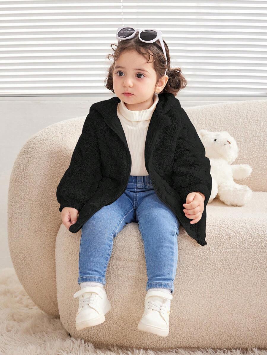 Babygirl 长袖纹理毛绒连帽运动衫夹克，适合外出、聚会等场合，秋冬季 - 黑色 - 查看 1