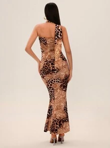 SHEIN SXY Abito leopardato per feste e vacanze, gonna leopardata, abito aderente in pizzo con stampa leopardata, spalle scoperte e orlo a coda di pesce, elegante per appuntamenti, abbigliamento autunnale da donna - Multicolore - Visualizzare 2