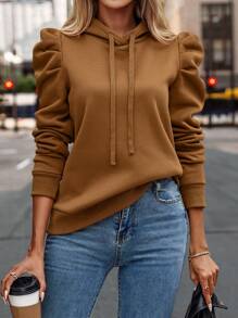 SHEIN Clasi Áo hoodie tay dài có dây rút, áo dài tay dự lễ tốt nghiệp, tựu trường, lễ tốt nghiệp, áo dành cho giáo viên nữ, áo nỉ mùa thu tựu trường - màu nâu - Xem 1