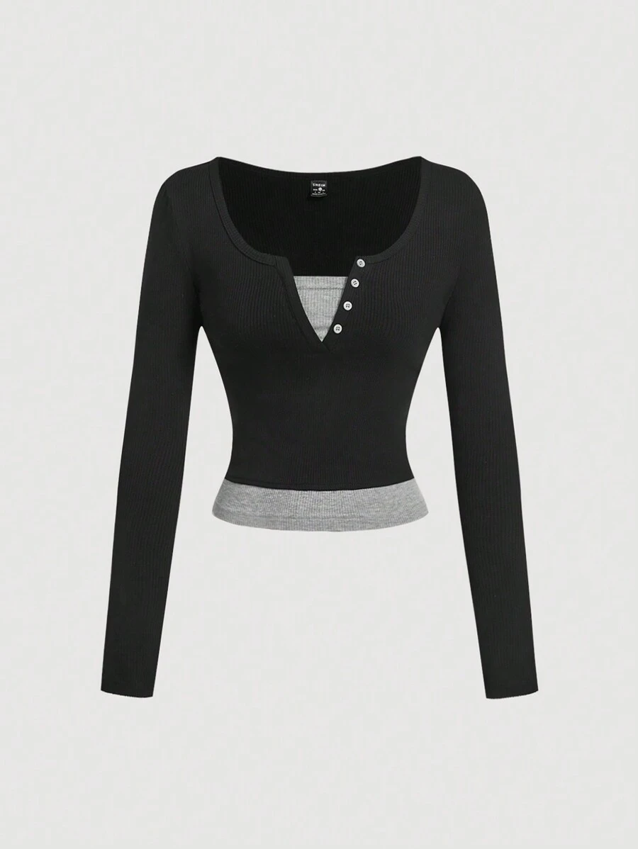 SHEIN MOD 撞色拼布二合一纽扣长袖修身 T 恤 - 彩色 - 查看 1