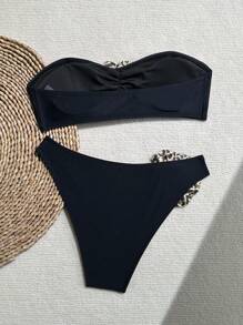 女士夏季纯色抹胸花卉装饰比基尼套装 - 上衣带 3D 花卉装饰和常规三角形下装 - 黑色 - 查看 2