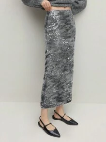 BizChic Sequin Fashionable Skirt, Grey Color Backsllit Hem Party Skirt, Office Wear For Women, Spring/Summer, Suitable For Christmas Party, Holiday, Thanksgiving