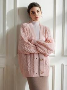 Chiquease Áo len cardigan dệt kim tay dài dáng rộng thoải mái cổ chữ V sâu dày có họa tiết rộng rãi cho nữ Áo len ngoại cỡ - Hồng - Xem 3