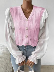 Chiquease Women's Casual Button-Front Ruffle Trim Cardigan For Autumn - Pink - View 4