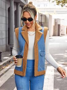 SHEIN Essnce Women Thermal Lined Sleeveless Denim Jacket With Pockets, Warm Winter Outerwear - Blue - View 4