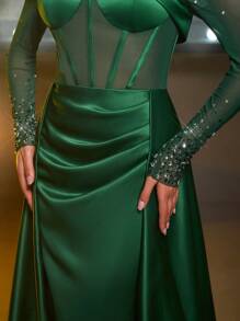 Glamrae Elegant Off Shoulder Mesh Sheer Long Sleeve Luxury Handmade Beaded Dress, Fishbone Waist See-Through High Slit Fish Tail Flowing Prom Dress With Train, Wedding Guest Dress