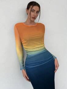 Aloruh American Style Gradient Mesh Strapless Bodycon Dress - Multicolor - View 5