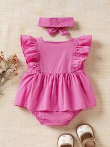 SHEIN 嬰兒女寶寶素色荷葉邊連體褲配頭箍，適用於春夏日常休閒、可愛、時尚穿搭 - 玫紅色 - 查看 2