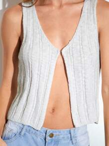 SHEIN Unity Women Casual V-Neck Textured Knit Cardigan Vest, Autumn/Winter - White - View 6
