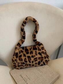 1pc Autumn/Winter New Plush Leopard Print Tote Bag, With Interior Storage Space, Zipper Closure, Top Handle Design, Suitable For Outfits, Storage, And Outdoor Shopping. Also Available In Tiger Print And Cheetah Print Designs. - Brown - View 9