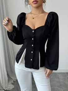 Chiquease Blusa elegante de manga larga con panel de colores en bloque, adecuada para todas las estaciones - Negro - Ver 5