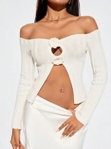 SHEIN SXY Dames effen kleur sexy holle 3D bloemen gebreide trui, herfst/winter, beige trui, dames truien, witte trui, off-the-shoulder trui, witte top,
